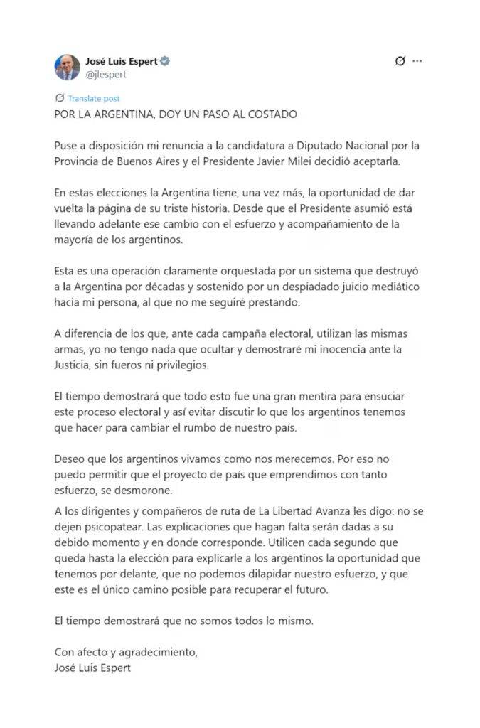 Bajaron a Espert por su vínculos con Machado