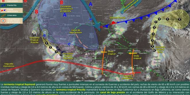 Para este viernes se prevén lluvias intensas en San Luis Potosí, Hidalgo, Querétaro, Puebla, Veracruz, Jalisco, Colima, Michoacán y Guerrero