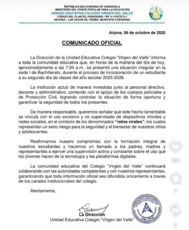 Estudiante acuchilló a tres personas en un colegio de Táchira, todo fue por un reto viral