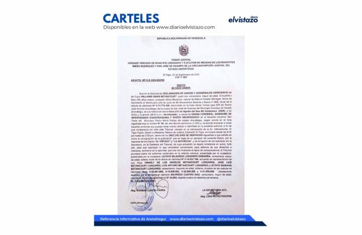 Edicto Juzgado Tercero de los Municipios Simón Rodríguez y Guanipa en atención a la Solicitud de Declaración de Únicos y Universales Herederos de Williams Omar Betancourt