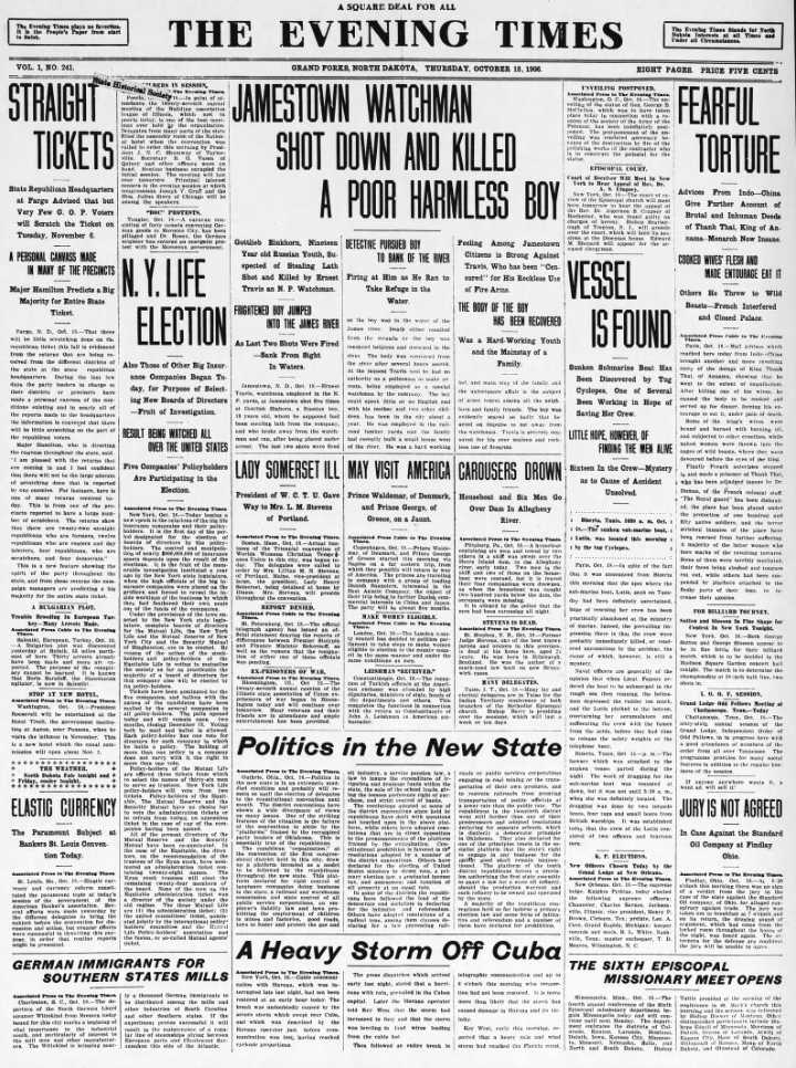 Today in History: October 18, 1906  - East Grand Forks prisoners hatch scheme, Robber hides in elevator