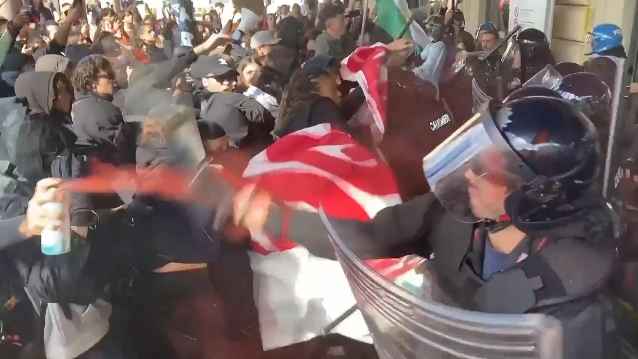 Pro-Palestinian demonstrators clash with police outside Bologna Central Station