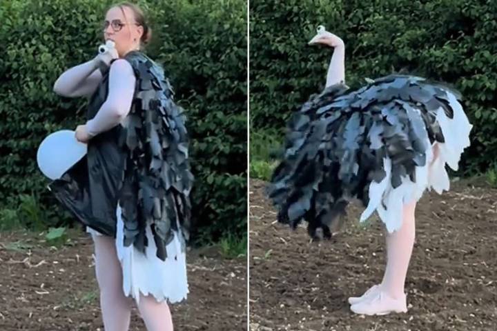 Woman Makes Ostrich Costume from Trash for Last