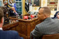 Trump posts photo of 'Trump 2028' hats at leadership meeting