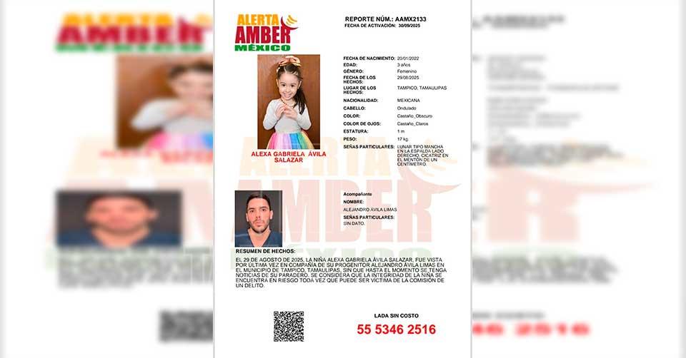 Alerta Amber: Alexa Gabriela de tres a?os podr?a estar en riesgo en Tamaulipas