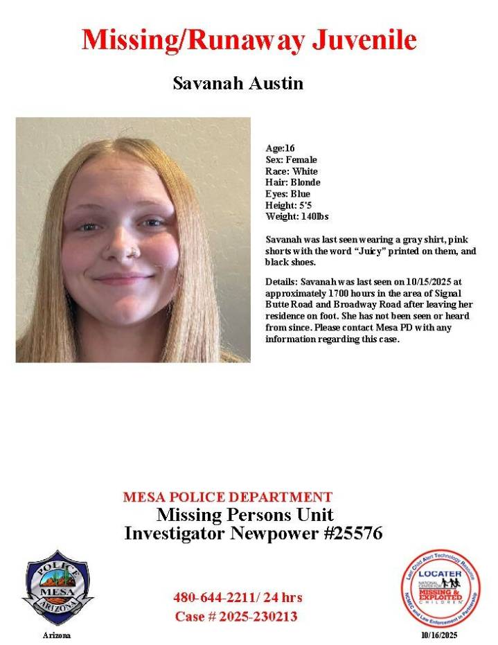 Savanah Austin, 16, missing from Mesa, police say