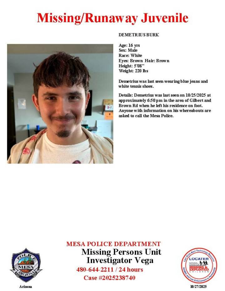 Demetrius Burk, 16, missing from Mesa, police say