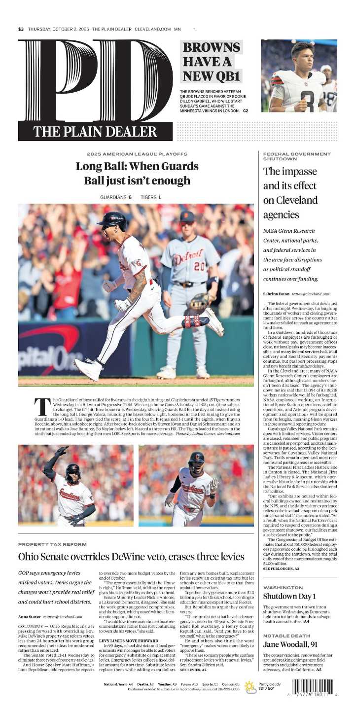 The Plain Dealer’s front page for October 2, 2025