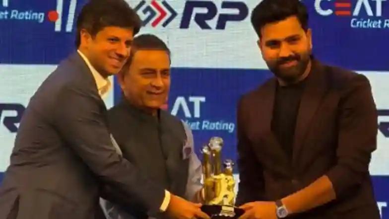 Cricket Rohit Sharma Receives Special Memento From Sunil Gavaskar for Winning ICC Champions Trophy As Captain at CEAT Awards 2025 (Watch Video)