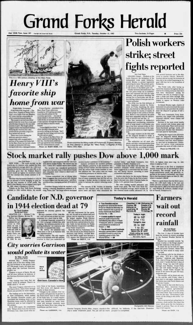 Today in History: October 12, 1982 - Manitoba city worries Garrison Diversion would pollute its water
