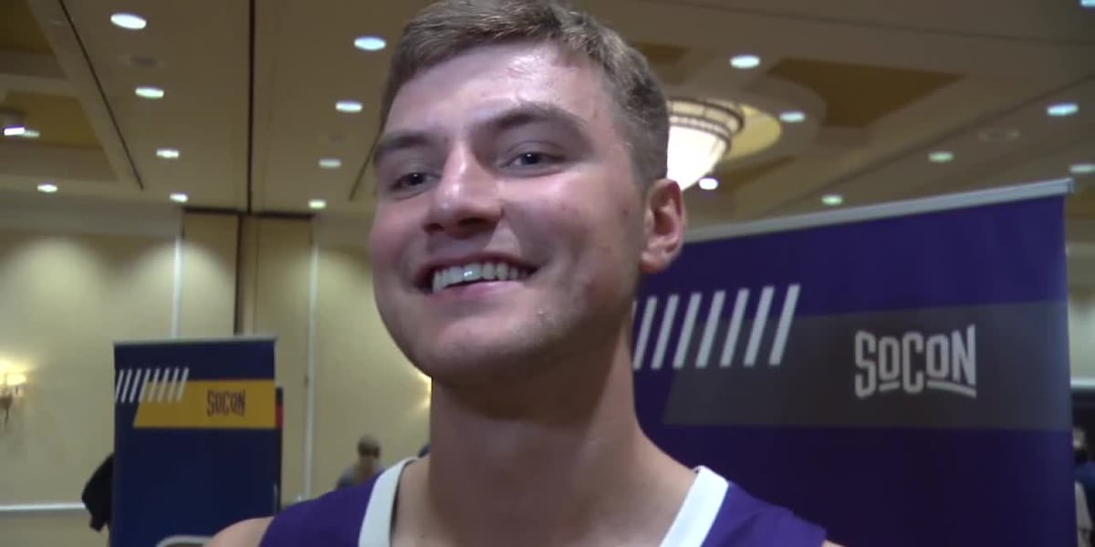 Palmetto Sports' Ella Grogan speaks with Furman basketball forward Ben Vanderwal at SOCON Media Days