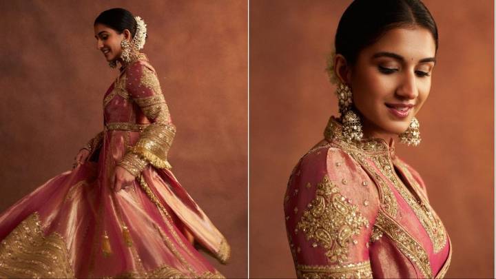 Radhika Merchant Lights Up Diwali In A Pink And Gold Anarkali By Abu Jani Sandeep Khosla