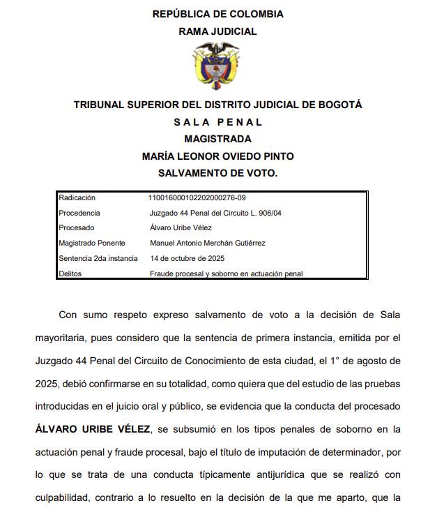 ¿Por qué la Magistrada del Tribunal Superior de Bogotá se apartó de la decisión absolutoria y pidió confirmar condena contra Uribe?