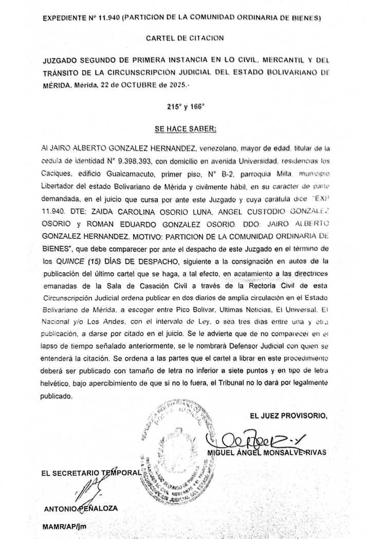 Cartel de citación al ciudadano JAIRO ALBERTO GONZALEZ HERNANDEZ, titular de la cedula de identidad N° 9.398.393