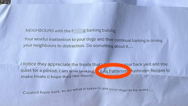 ‘Erin Patterson mushroom recipe’: Mother-of-two shocked after receiving jaw-dropping letter from neighbour threatening to kill family's dogs