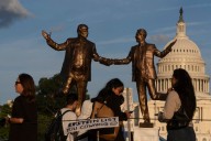 Statue of Trump and Epstein holding hands back on D.C.’s National Mall