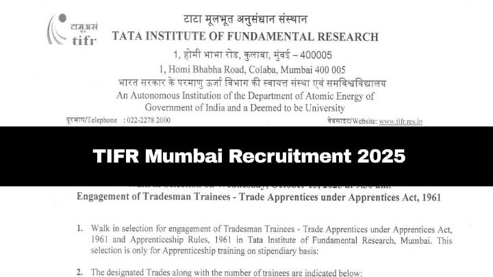 TIFR Mumbai Recruitment 2025: Walk-In Selection For Trade Apprentices On October 15; Check Eligibility Criteria Here