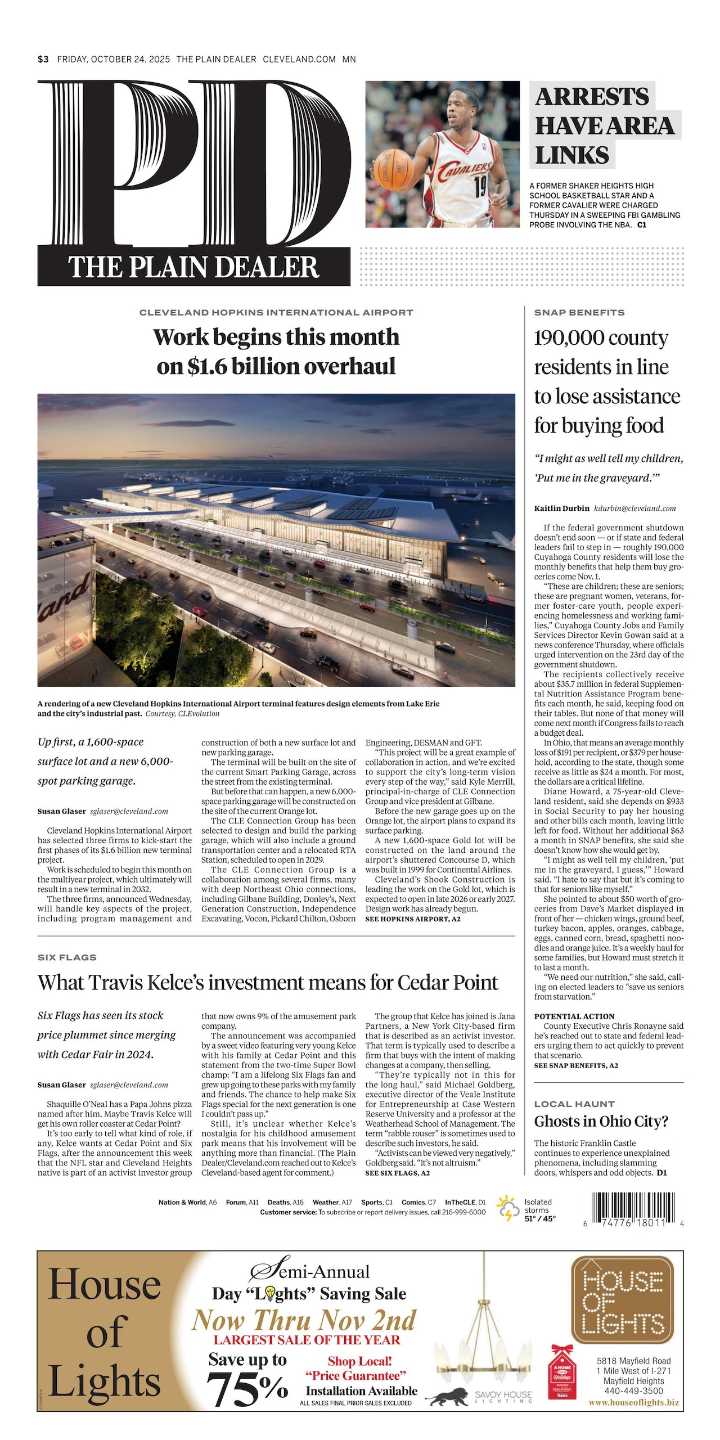 The Plain Dealer’s front page for October 24, 2025