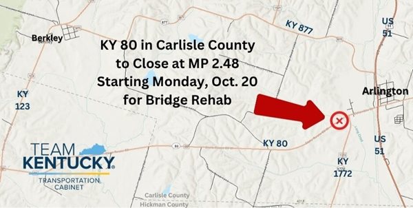 Section of KY 80 in Carlisle County to close Monday