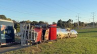 Tanker truck rollover causes oil spill on I
