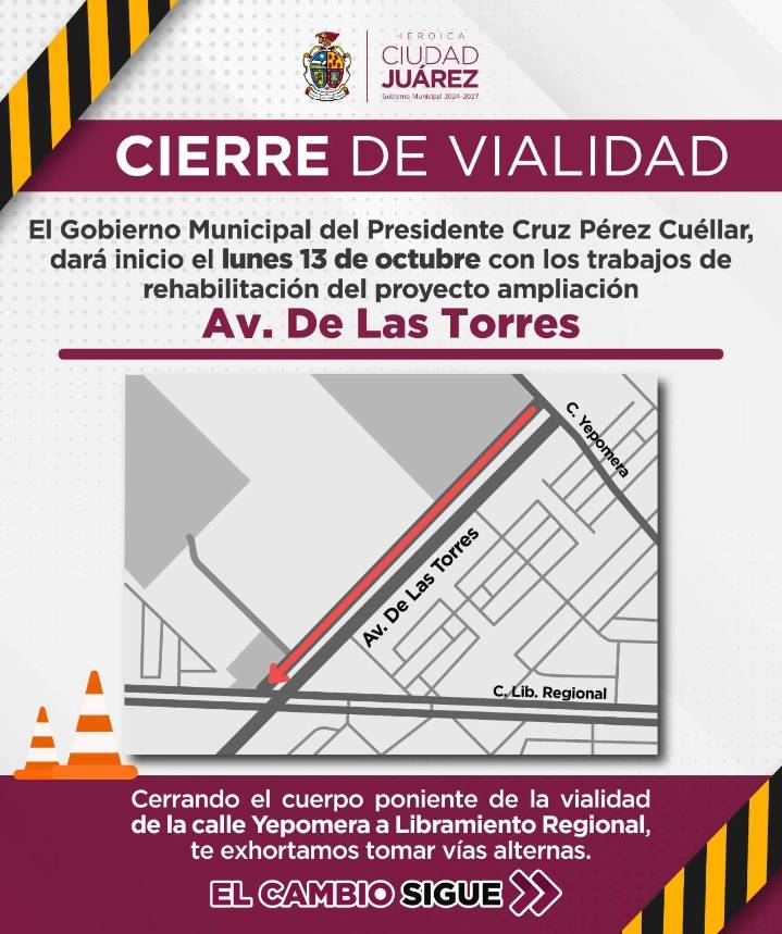 Inician trabajos de ampliación en la avenida De las Torres este lunes