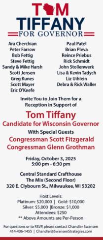 WisDems: GOP gov candidate Tom Tiffany holding fundraiser with GOP mega
