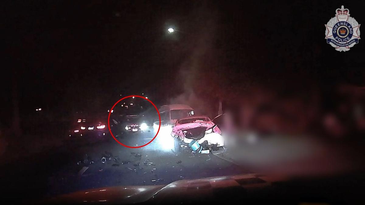 Dramatic new video emerges of cop car rammed in high-speed teen crime spree on Gold Coast