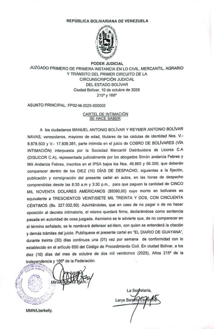 CARTEL DE INTIMACIÓN