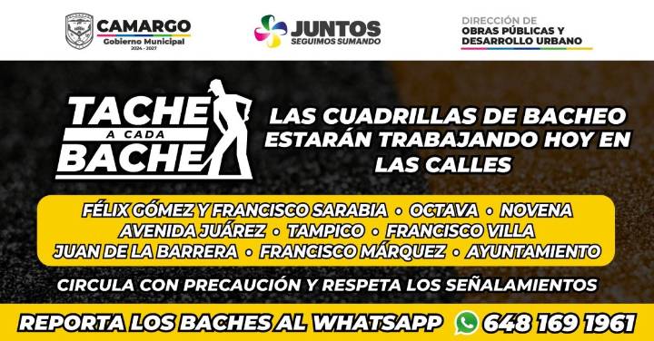 Miércoles de bacheo en distintas vialidades de Camargo