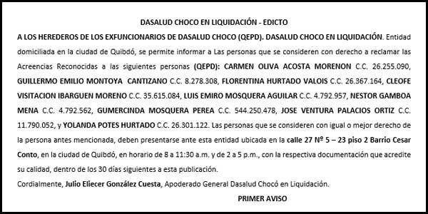 Edicto 1er. aviso Dasalud Chocó en Liquidación