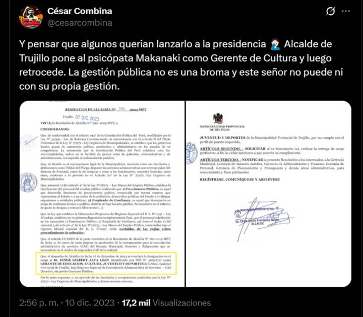 Juez declara reo contumaz a excongresista César Combina por presunta difamación agravada