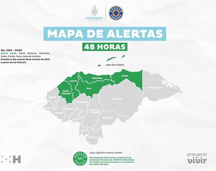 Copeco emite alerta verde en seis departamentos por desplazamiento de vaguada y frente frío
