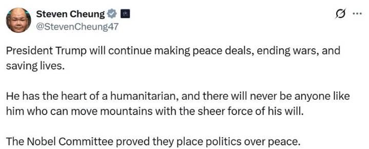 Asesor de Trump: "El Comité del Nobel antepuso la política a la paz"