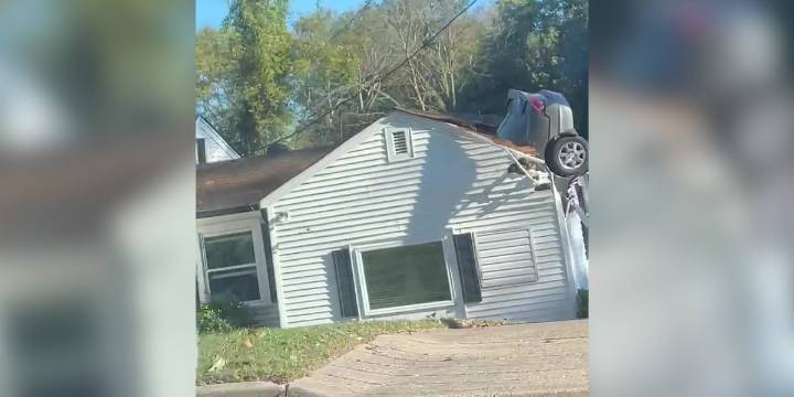 Car crashes into roof of home near Percy Priest