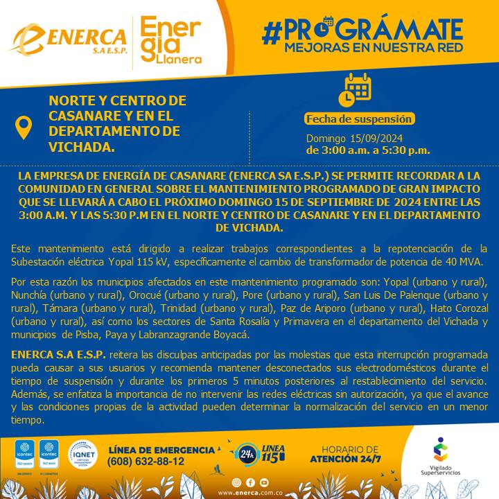 Este domingo habrá corte de energía en norte y centro de Casanare, en Vichada y Boyacá