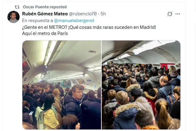 Óscar Puente retuitea un mensaje con la imagen de un andén abarrotado en París para criticar el funcionamiento del Metro de Madrid