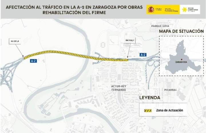 Cortes y desvíos en la Ronda Norte de Zaragoza y la A-2 este fin de semana por obras de mejora