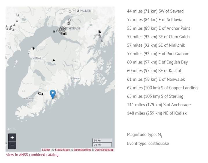 Magnitude 5.6 Earthquake Recorded 44 miles SW of Seward