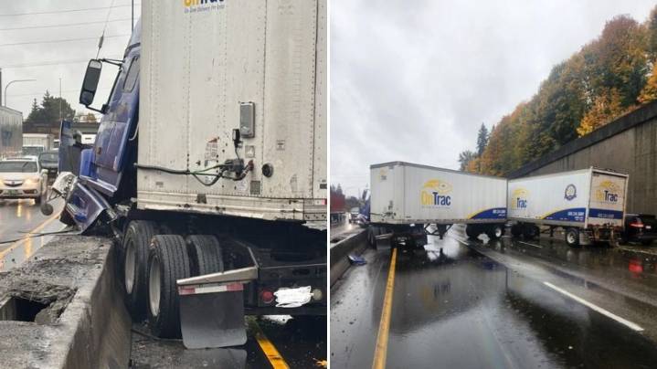 Jackknifed semi-truck blocks all lanes on southbound I