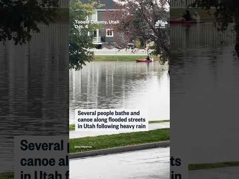 Several people canoe in flooded Utah streets