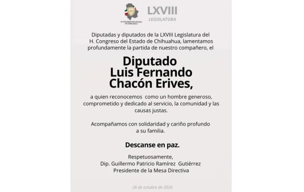 Lamenta Congreso fallecimiento del diputado Chacón