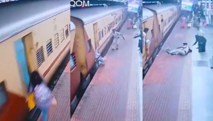 VIDEO | Policía rescata a mujer que resbaló y fue arrastrada por el tren en India