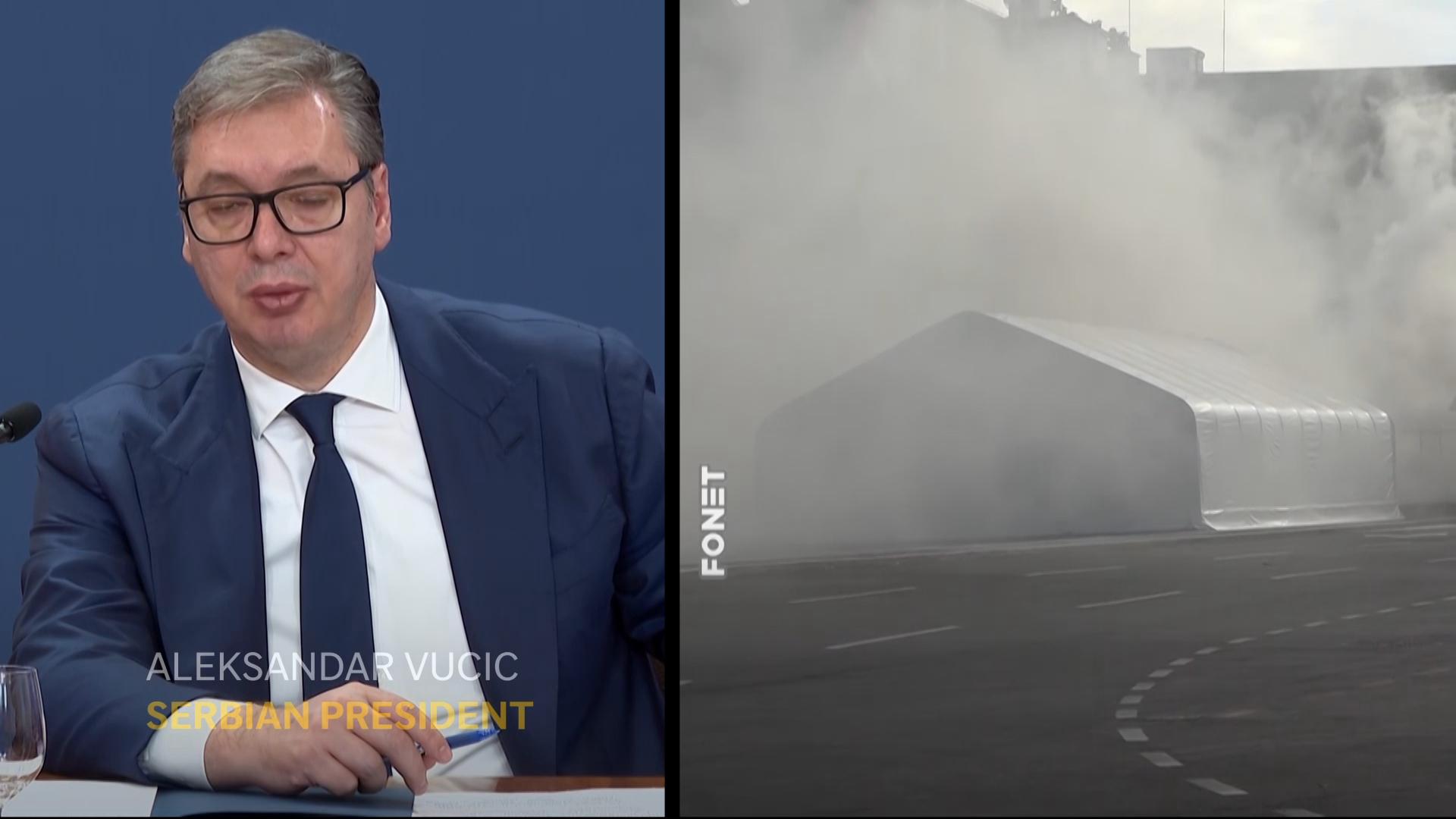 One hurt in fire and reported shooting at camp of Serbian president's loyalists in Belgrade