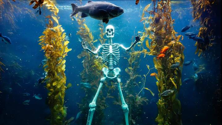 12-foot skeleton (temporarily) haunts California aquarium’s giant kelp forest