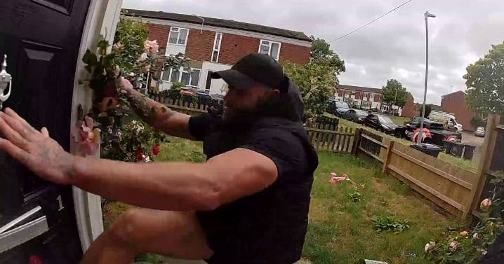 Terrifying moment brothers smash woman's home and tear off doorbell in broad daylight