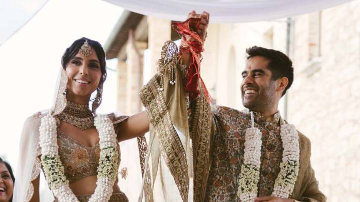Anjli Mohindra Wore A Custom Lehenga And Pre-Loved Jimmy Choos To Marry Fellow Actor Sacha Dhawan In Tuscany
