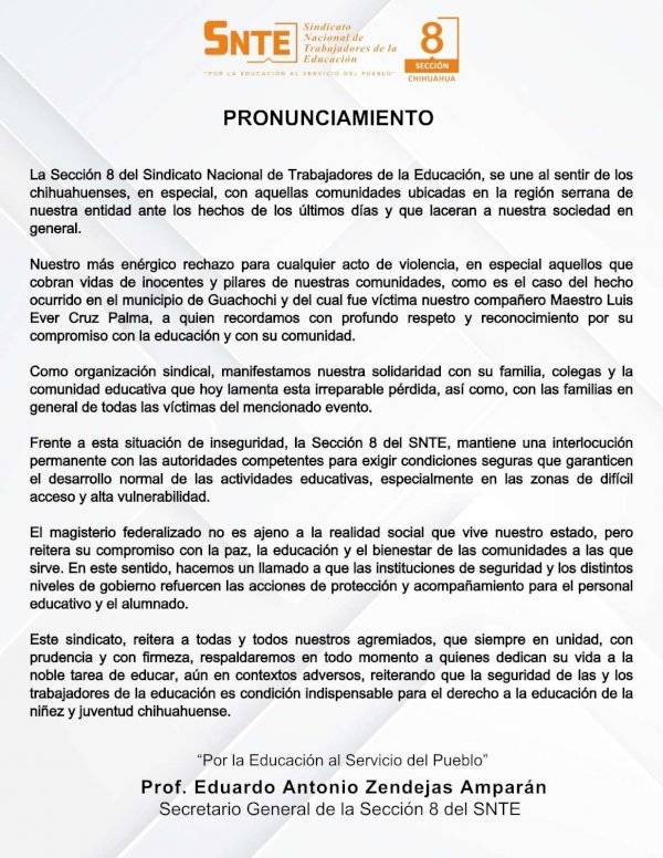 Rechaza SNTE violencia en la sierra ante asesinato de maestro en Guachochi