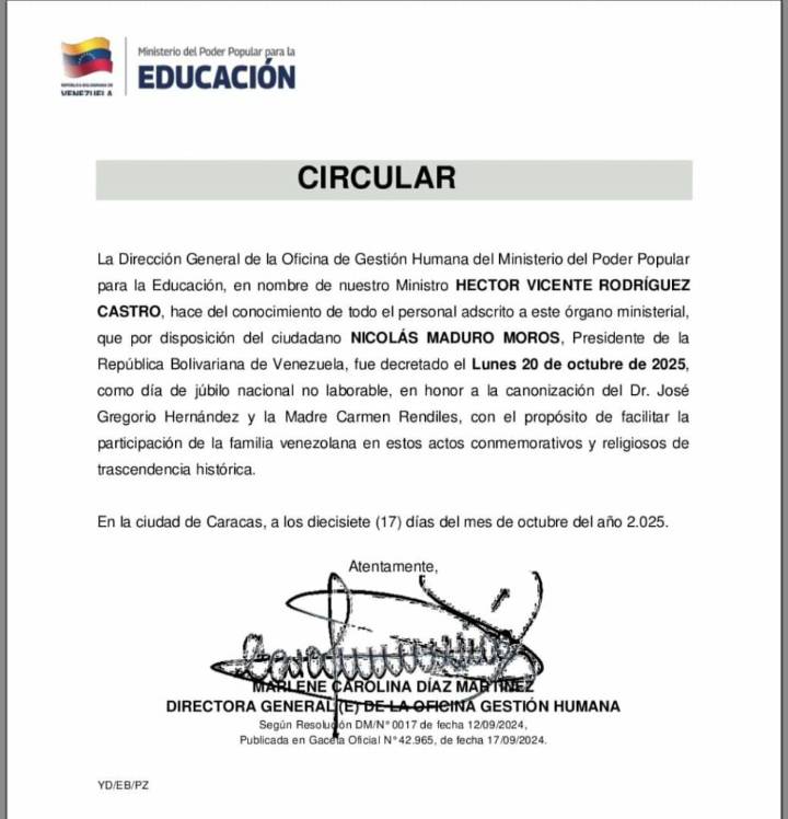Ministerio de Educación confirma feriado por canonización de santos venezolanos