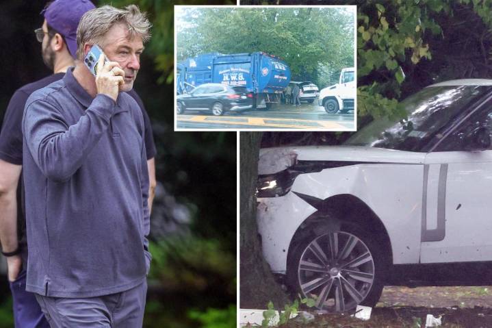 Alec Baldwin blames garbage truck 'size of a whale' and 'big fat tree' for smashing wife Hilaria's car in the Hamptons