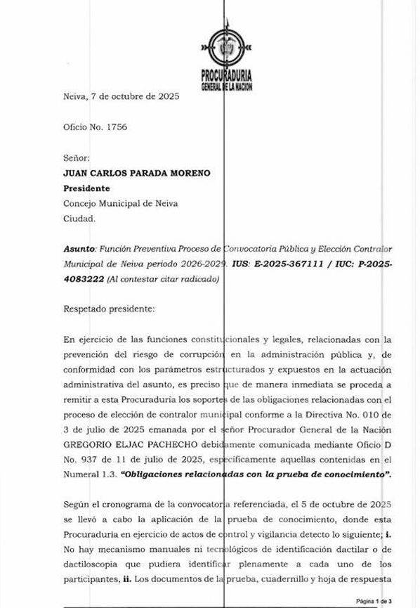 ¿Acción Preventiva de la Procuraduría ‘tumbó’ prueba de Contralor de Neiva?
